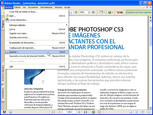 Abra el archivo PDF en Adobe Acrobat o Adobe Reader y haga clic en Archivo-Imprimir... en el menú principal de la aplicación: