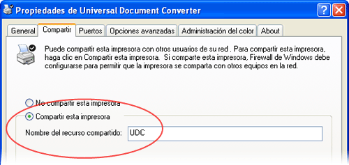 Comparta Universal Document Converter como impresora de red.