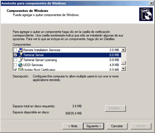 Instalación del componente de Servicios de Terminal Server en el equipo remoto (host)