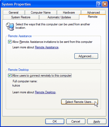 Configuración de equipo remoto (host) en Windows XP
