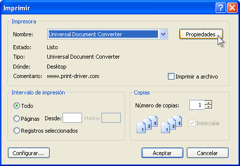 Seleccione Universal Document Converter en la lista de impresoras y presione el botón Propiedades.