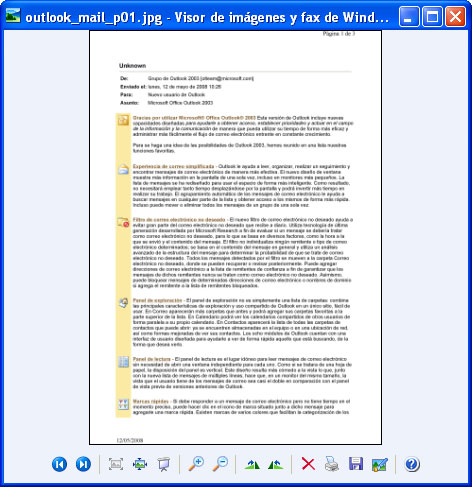 Mensaje de correo electrónico convertido en el Visor de imágenes y fax de Windows.