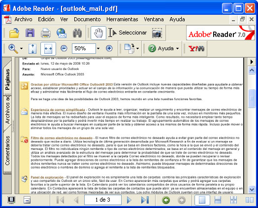 Mensaje de correo electrónico convertido en Adobe Acrobat.