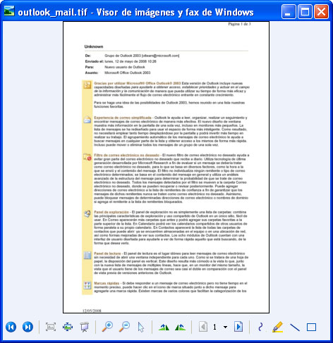 Mensaje de correo electrónico convertido en el Visor de imágenes y fax de Windows.