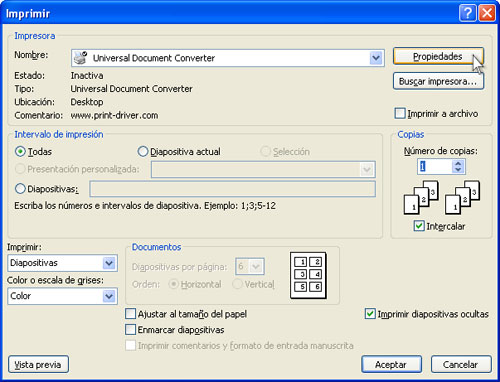 Seleccione Universal Document Converter en la lista de impresoras y presione el botón Propiedades.