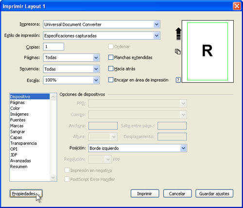 Seleccione Universal Document Converter en la lista de impresoras y presione el botón Propiedades...