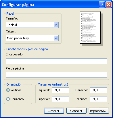 Borre el texto de los campos Encabezado y Pie de página.