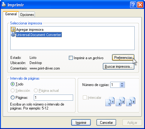 Seleccione Universal Document Converter en la lista de impresoras y presione el botón Preferencias.