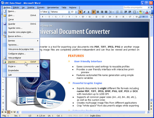 Abra el documento en Microsoft Word y haga clic en Archivo-Imprimir... en el menú principal de la aplicación.