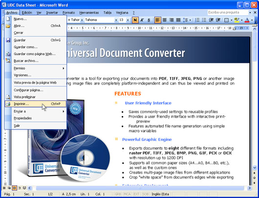 Abra la presentación en Microsoft Word y haga clic en Archivo-Imprimir... en el menú principal de la aplicación.