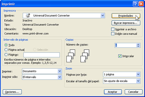 Seleccione "Universal Document Converter" en la lista de impresoras y presione el botón "Propiedades".