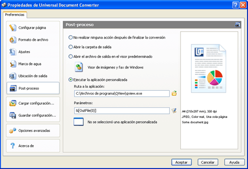 Configurar Universal Document Converter para abrir un archivo de salida en otra aplicación.