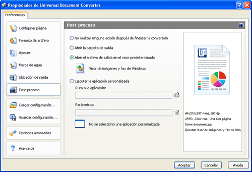 Configurar Universal Document Converter para abrir un archivo de salida en el visor predeterminado asociado con ese tipo de archivos.